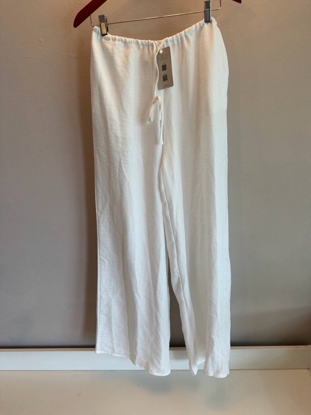 Musera‎ Women White Textured Wide Leg Drawstring Pants Size M NEW